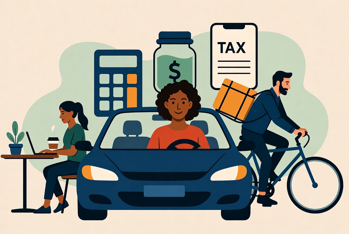 Rideshare driver, freelancer at laptop, and delivery cyclist — the gig workers GigWallet is built for