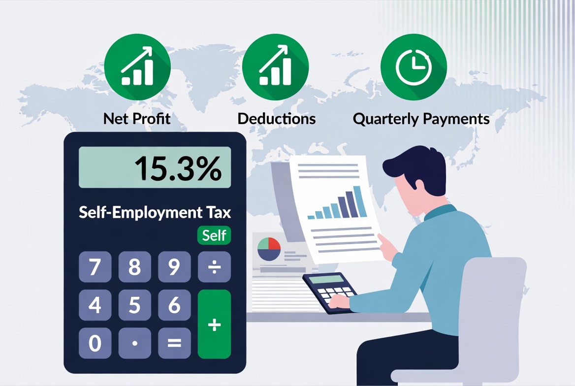 Self-employment tax calculator showing 15.3% rate with net profit, deductions and quarterly payments