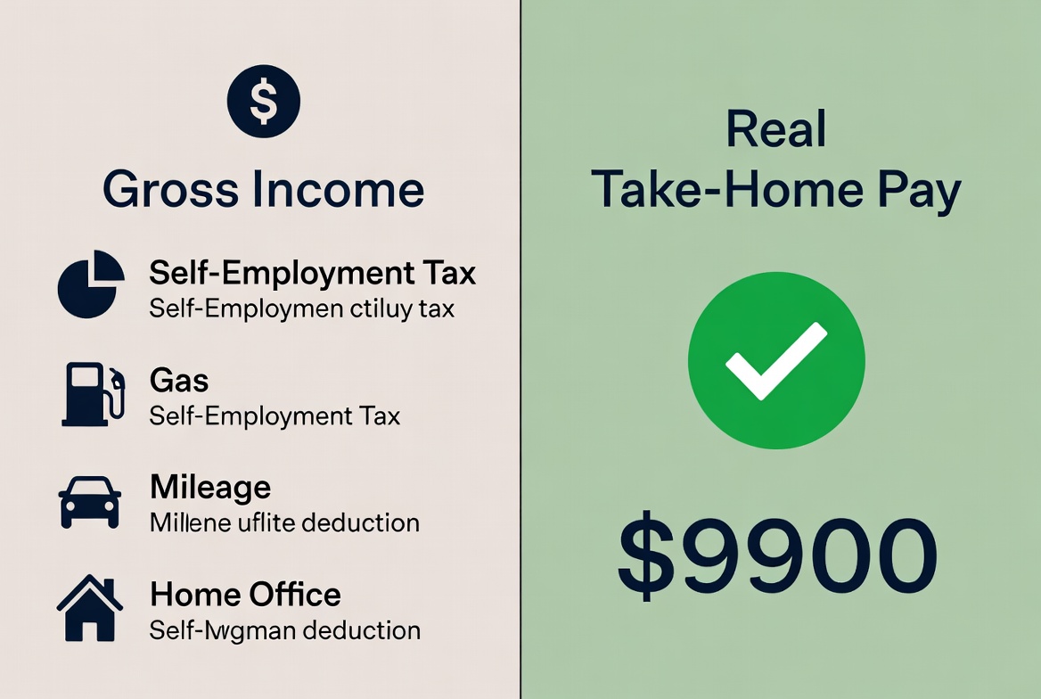 Gross income breakdown showing self-employment tax, gas, mileage and home office deductions leading to real take-home pay