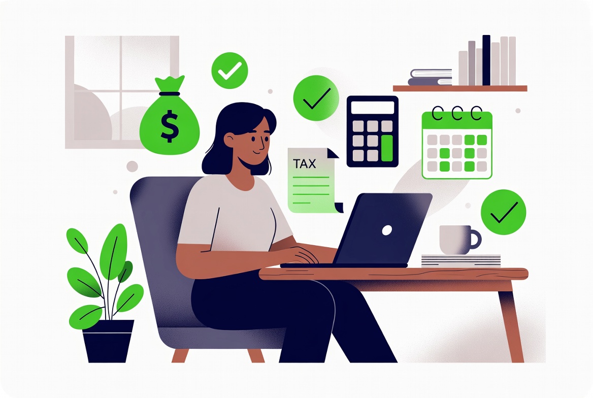 Freelancer managing taxes on laptop with calculator, tax form, and calendar icons